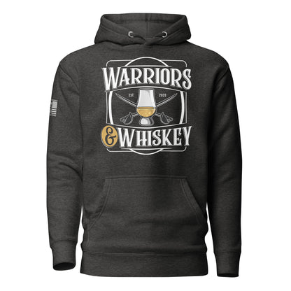 Charcoal Heather Warriors & Whiskey Hoodie, front product mockup