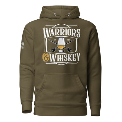 Military Green Warriors & Whiskey Hoodie, front product mockup