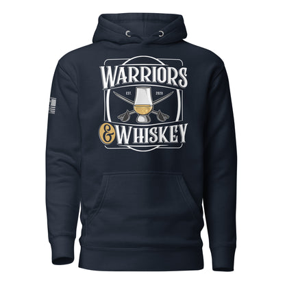 Navy Blazer Warriors & Whiskey Hoodie, front product mockup