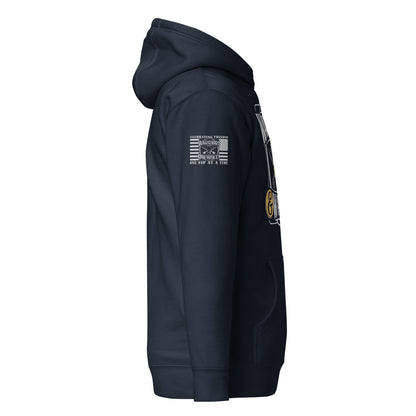 Navy Blazer Warriors & Whiskey Hoodie, right-side product mockup